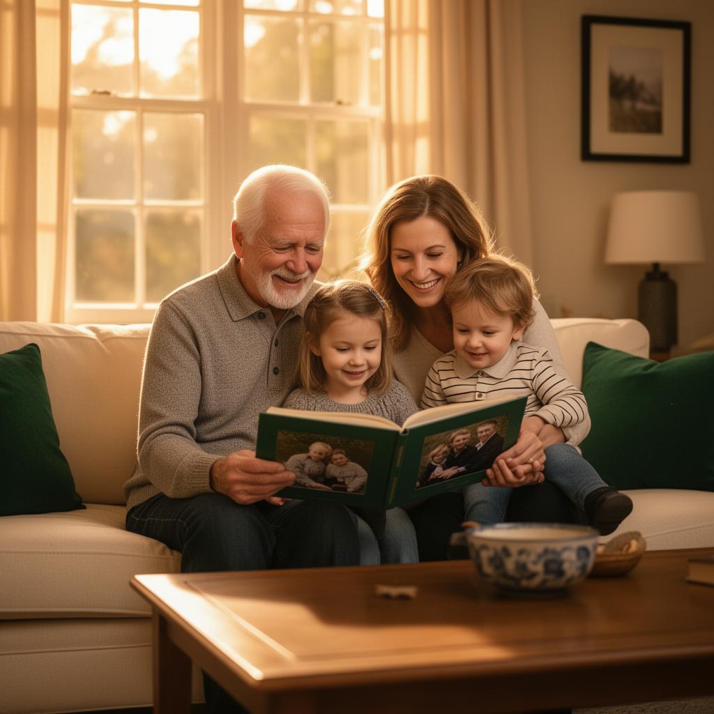 Senior couple sharing a family photo album with their grandchildren at home